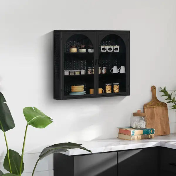 Modern Wall Cabinet with Woven Pattern - 27.56" Glass Doors, 3-Tier Storage - Entryway, Living Room, Bathroom, Dining Room - Black