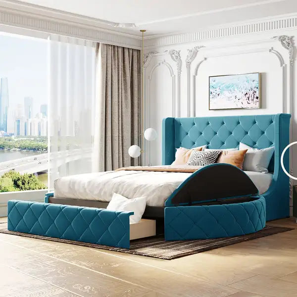 Queen Size Velvet Upholstered Platform Bed with Wingback Headboard, Storage Drawer & Stools (Blue)