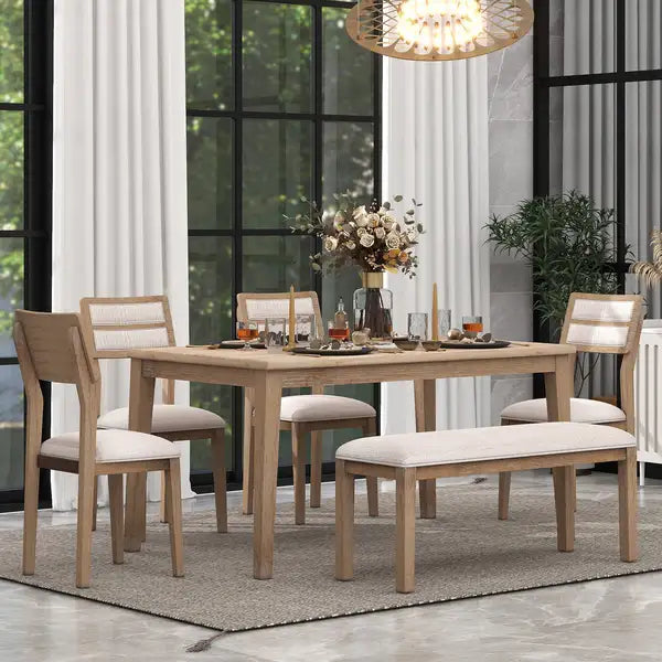 TREXM 6-Piece Dining Set - Classic Table, 4 Chairs & Bench (Natural Wood Wash)