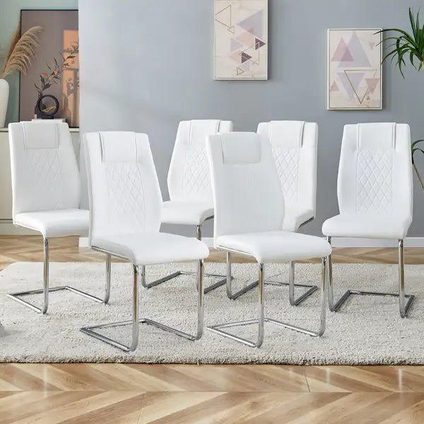 Set of 6 White Faux Leather Dining Chairs with Metal Legs for Kitchen, Living Room, Bedroom