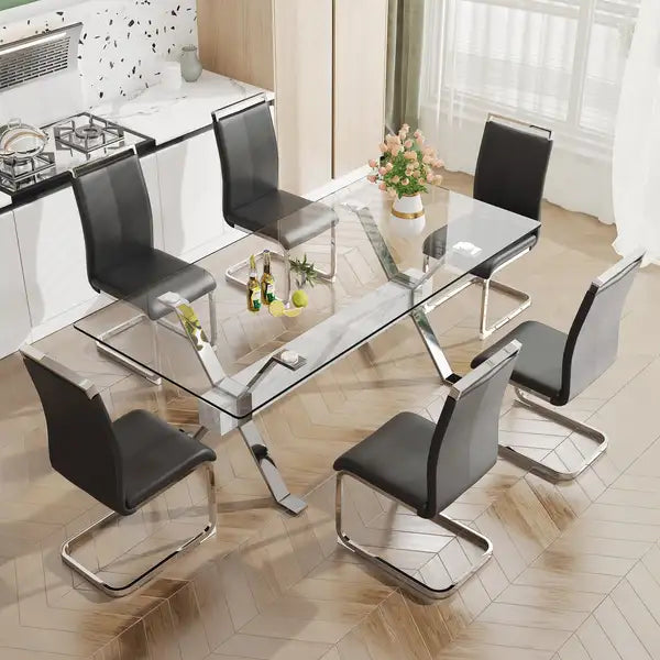 Modern Glass Dining Table with Silver Legs - 79" x 39" x 30" - Home & Office Use - Minihomy