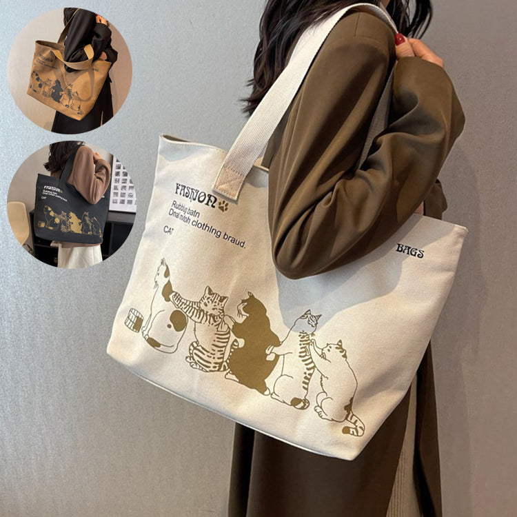 Cute Cartoon Cat Printed Canvas Bag Large Capacity Shopping Shoulder Bag