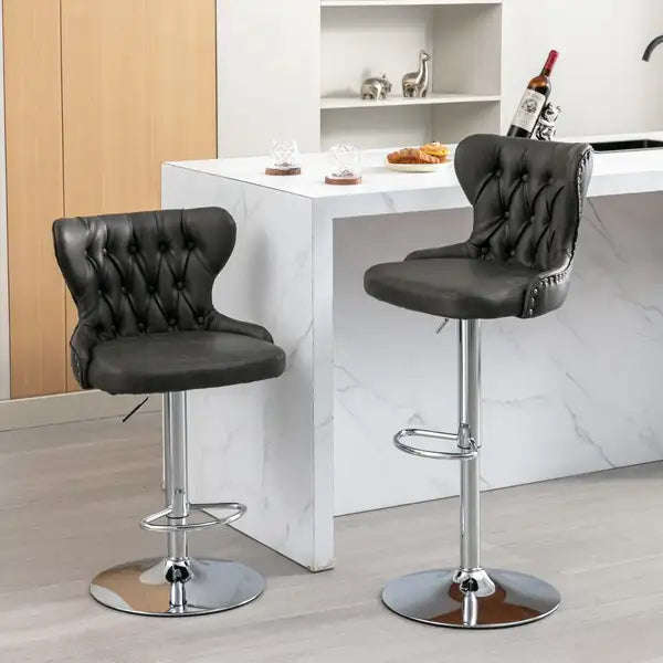 Olive Green Swivel Bar Stools with Backs - Adjustable Height 25-33", Chrome Base, Tufted  - SW1844GY - Minihomy