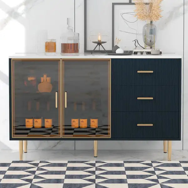 Modern Sideboard Buffet Cabinet with Marble Top & Amber Glass Doors (Navy Blue) - Gold Legs & Handles - Minihomy