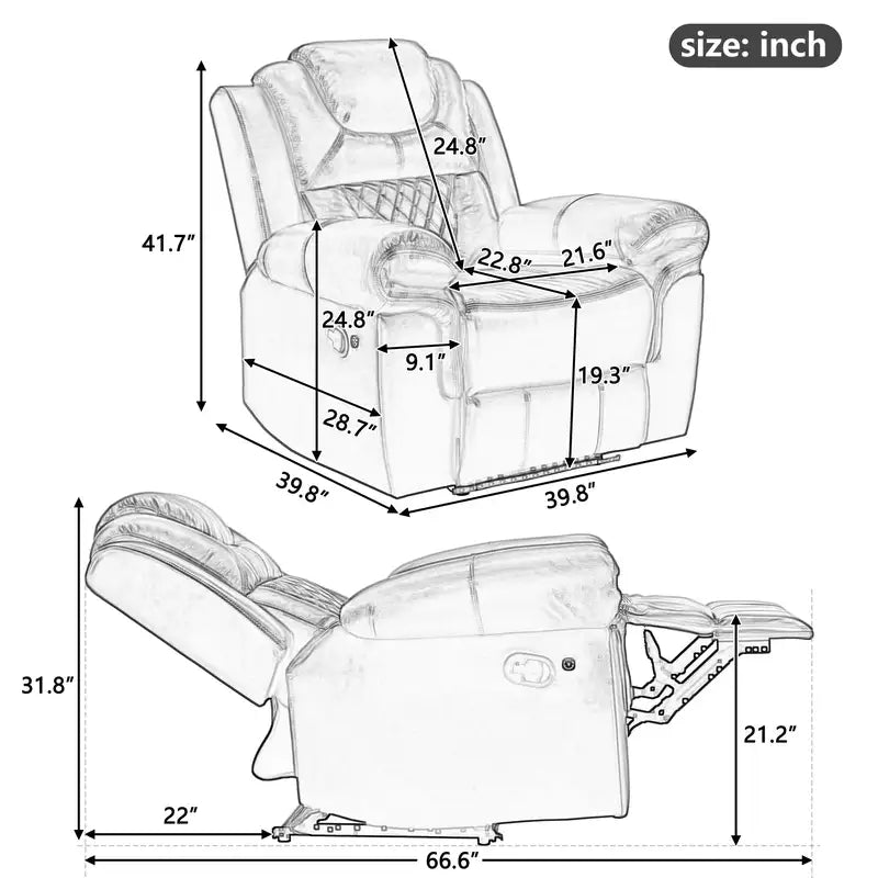 Manual Recliner Home Theater Chair with LED Lights - Wine Red