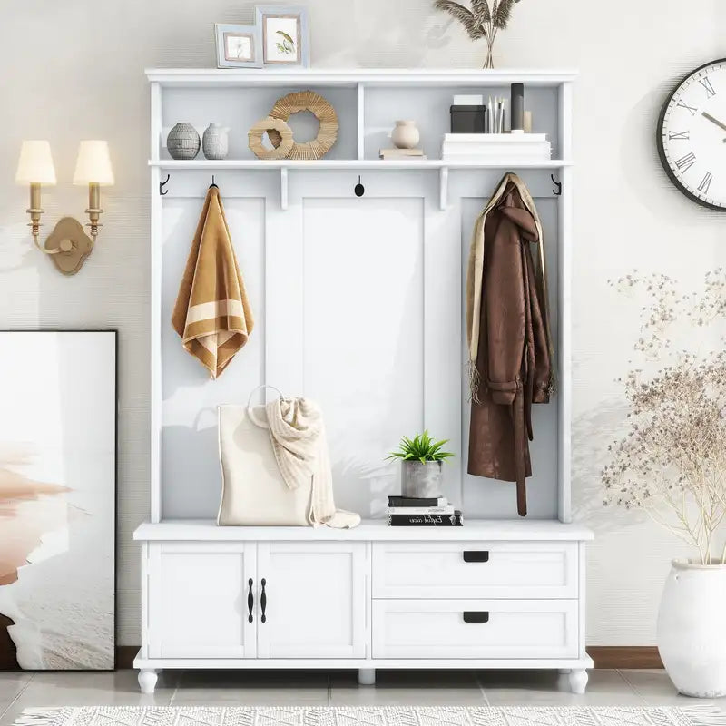 Modern White Hall Tree with Storage | Mudroom Bench & Coat Hooks