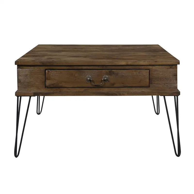 Rustic Oak Cocktail Table with Drawers & Metal Legs - Solid Wood Coffee Table