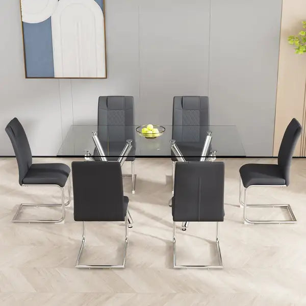 Set of 6 Modern Faux Leather Dining Chairs with Metal Legs - Grey