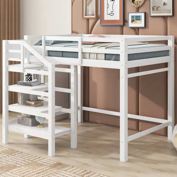 Full Size Loft Bed with Storage Staircase, Clothes Hanger, White - Minihomy