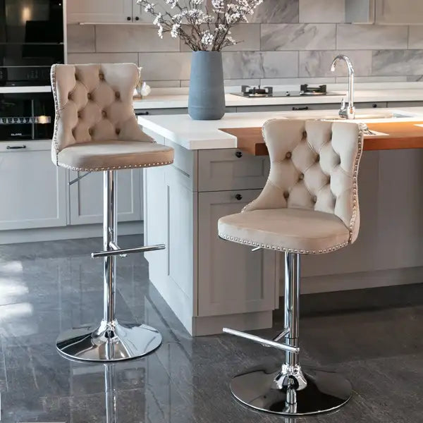 Khaki Velvet Bar Stools - Adjustable Height, Chrome Base, Tufted Back - Set of 2 - Minihomy