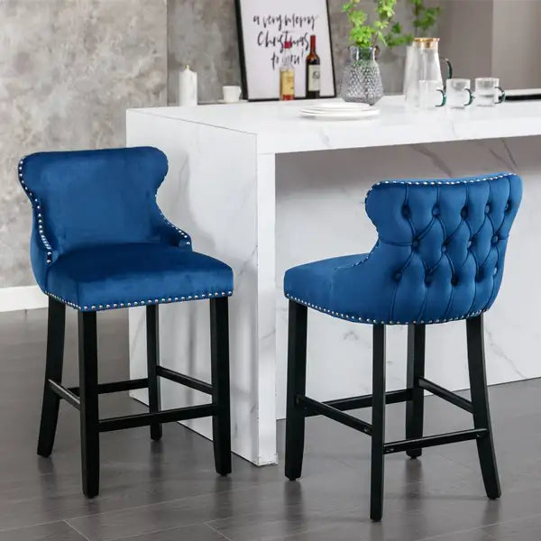 Contemporary Velvet Wingback Barstools with Nailhead Trim - Set of 2 (Blue) - SW1824BL - Minihomy