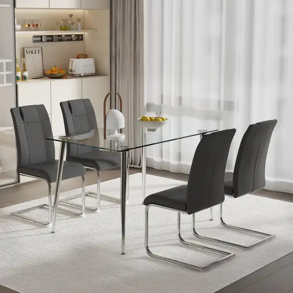 Grey Dining Set: 51" Glass Table & 4 Chairs - Modern Kitchen Furniture - Minihomy