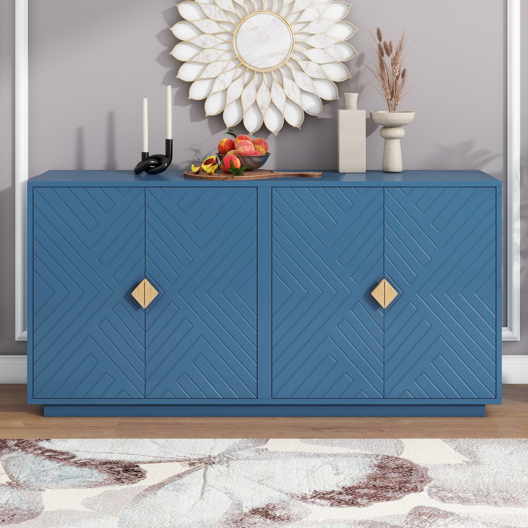 Modern Sideboard with Storage, Wooden Handles, Adjustable Shelves - Navy Blue