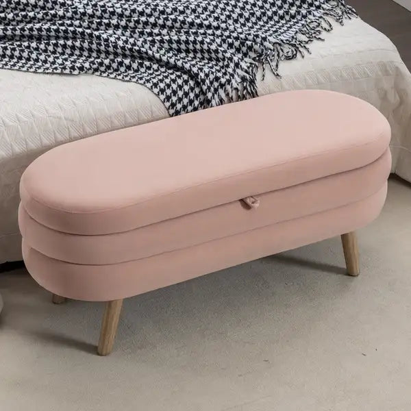 Velvet Storage Bench with Wood Legs - Light Pink Ottoman