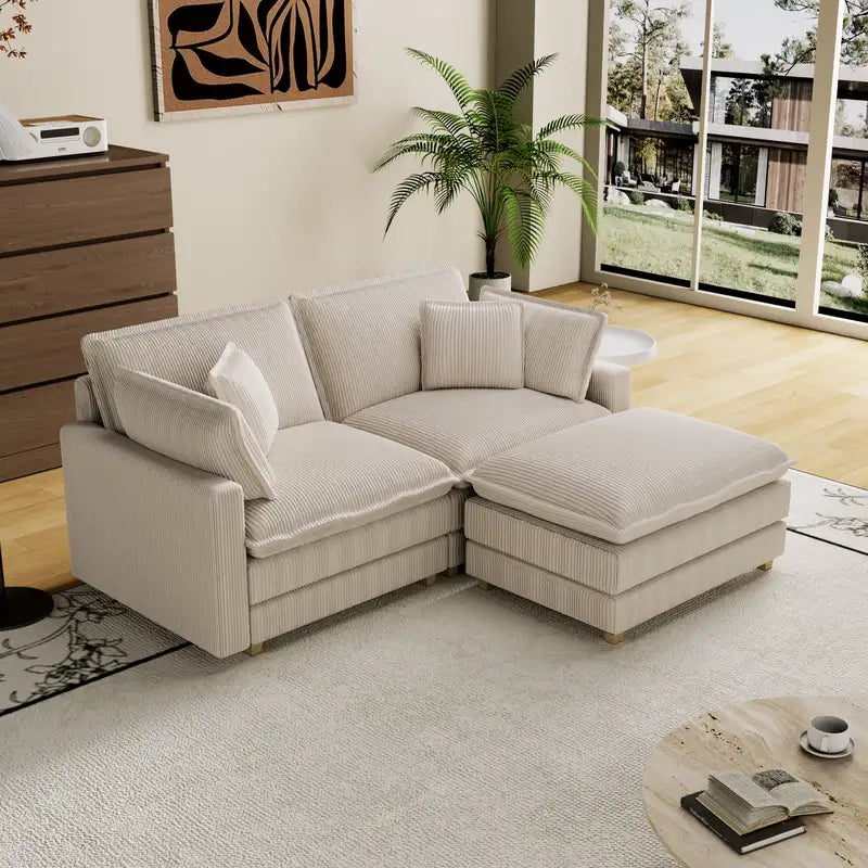 Beige L-Shaped Modular Sectional Sofa with 4 Pillows