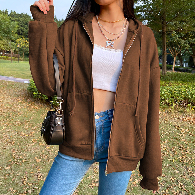 Brown Aesthetic Hoodies Women Zip Up Sweatshirt Hooded