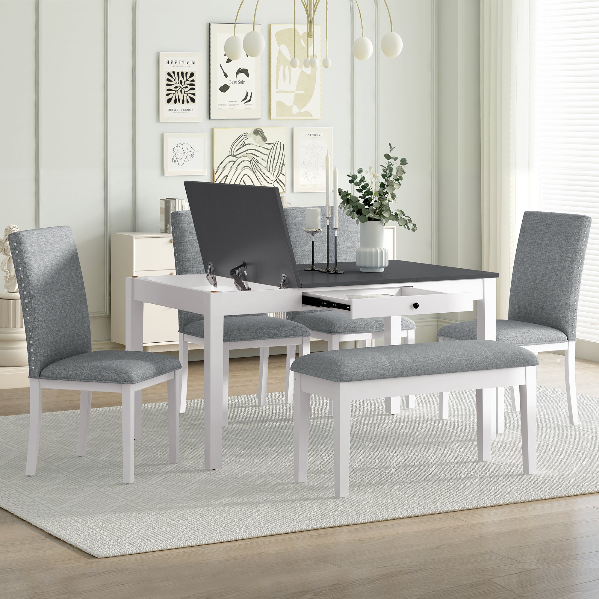 Farmhouse 6-Piece Dining Table Set with Storage - White & Gray - TOPMAX