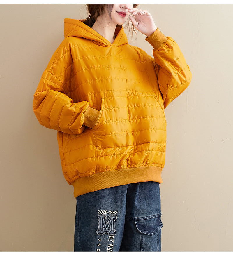 Winter  All-match Preppy Style Solid Color Hooded Loose Long-sleeved Cotton Jacket