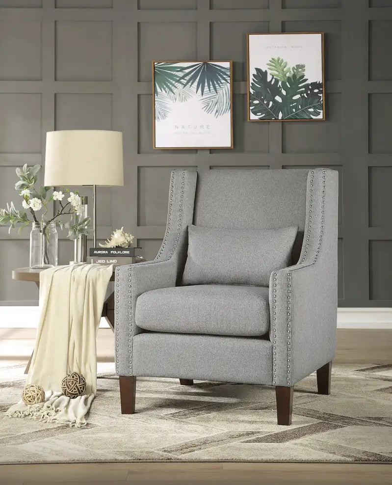 Gray Accent Chair with Pillow & Nailhead Trim - Modern Living Room Chair