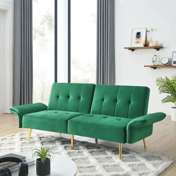 78" Italian Velvet Futon Sofa Bed w/Storage - Green