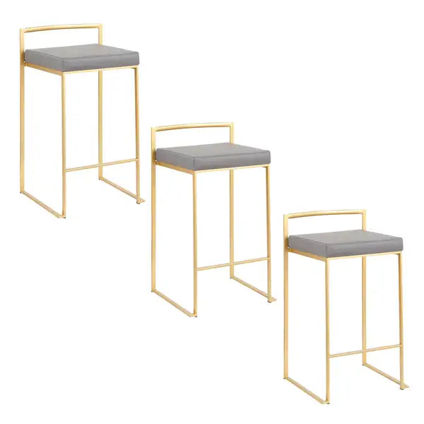 LumiSource Fuji Gold Metal Counter Stools with Grey Faux Leather (Set of 3)