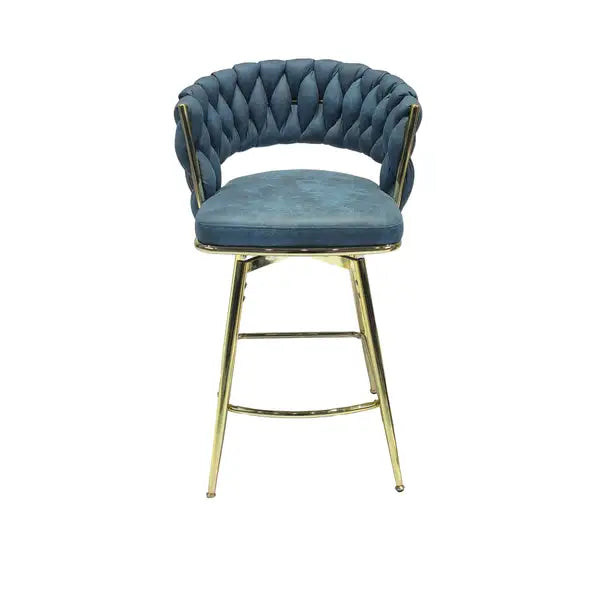 Set of 4 Blue Suede Bar Stools with Golden Legs - Swivel, Backrest & Footrest