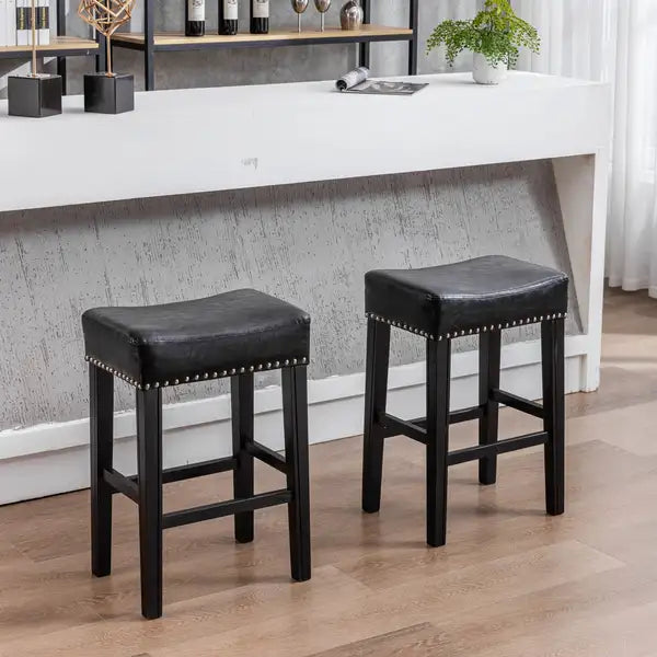 Black Farmhouse Counter Height Bar Stools (Set of 2) - 26" Backless Faux Leather Kitchen Island Chairs - Minihomy