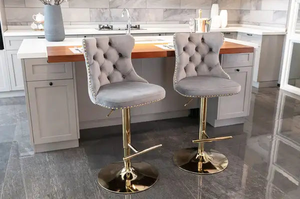 Gray Velvet Swivel Bar Stools, Adjustable Height, Set of 2, Tufted Backrests for Kitchen Island, Pub, Home - Minihomy