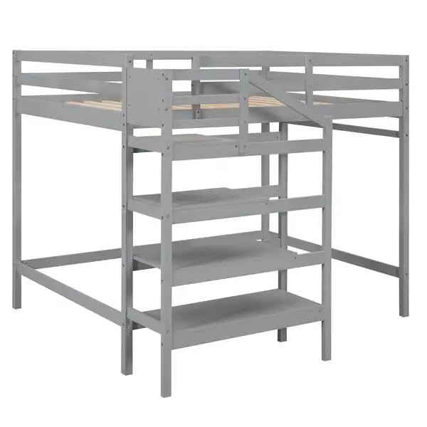 Full Size Loft Bed with Storage Staircase & Clothes Hanger - Gray - Minihomy