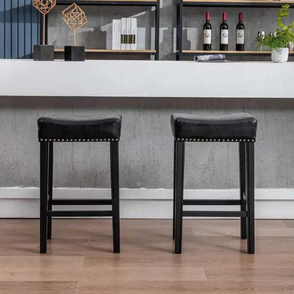 Black Counter Height Bar Stools (Set of 2) - Faux Leather, Backless, Farmhouse Style, 29" - Minihomy