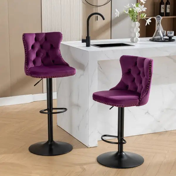 Purple Velvet Bar Stools, Adjustable Height 25-33", Tufted Back, Set of 2, Modern Kitchen Barstools