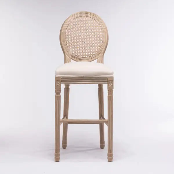 French Country Barstools Set of 2 - Rattan Back, Upholstered Beige Seat, Natural Wood - Minihomy