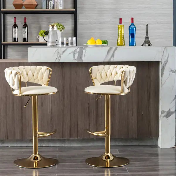 Cream Velvet Swivel Bar Stools Set of 2 - Height Adjustable & Chrome Base - Minihomy