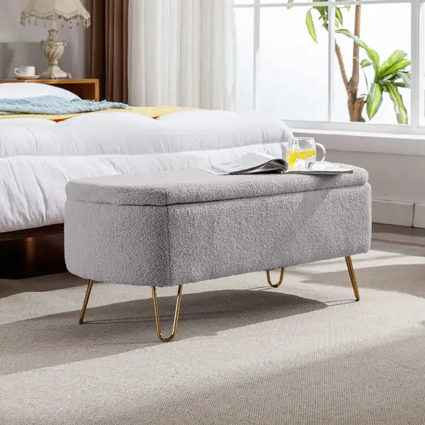 Grey Ottoman Bench with Gold Legs - Storage Bench for Bedroom & Living Room