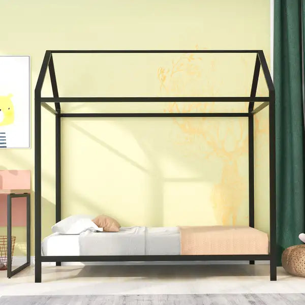 Twin Metal Platform Bed Frame - Kids Floor Bed, Black, No Box Spring Needed