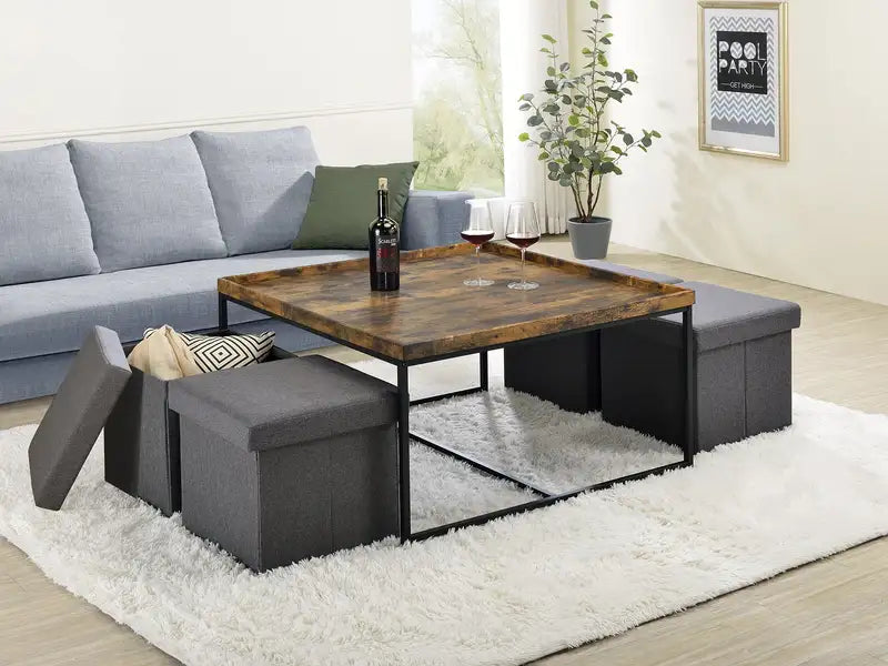 Vinny 5-Piece Coffee Table Set, 35" Weathered Oak, Raised Edges