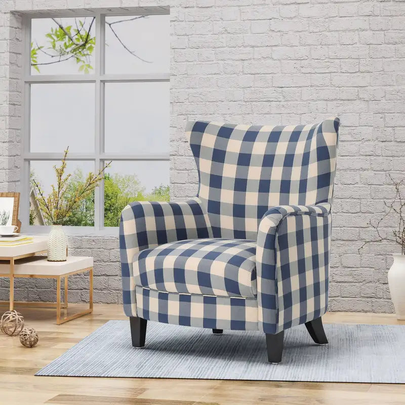 Vintage White & Blue Checkerboard Club Chair - Stylish & Comfortable Armchair (30x30x36")