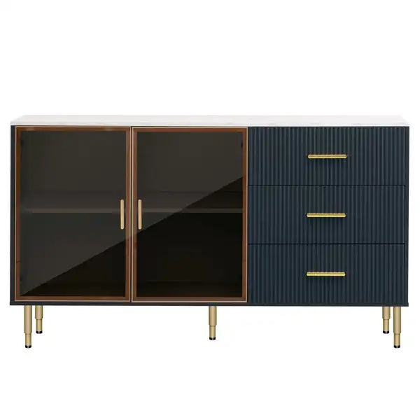 Modern Sideboard Buffet Cabinet with Marble Top & Amber Glass Doors (Navy Blue) - Gold Legs & Handles - Minihomy