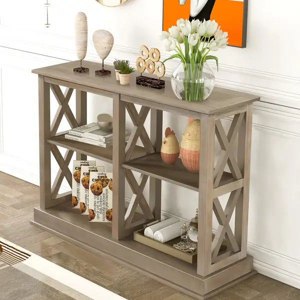 White Wash Console Table with X Legs & 3-Tier Storage - Narrow Entryway Table