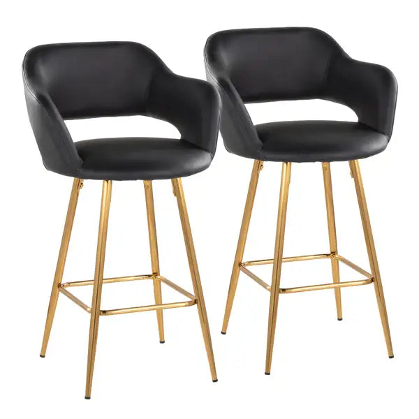 LumiSource Gold Metal Counter Stools (Set of 2) - Black Faux Leather, 26"