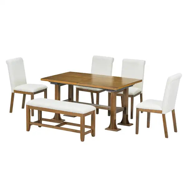 Farmhouse 76" Extendable Dining Table Set with Chairs & Bench - Dark Brown - Minihomy