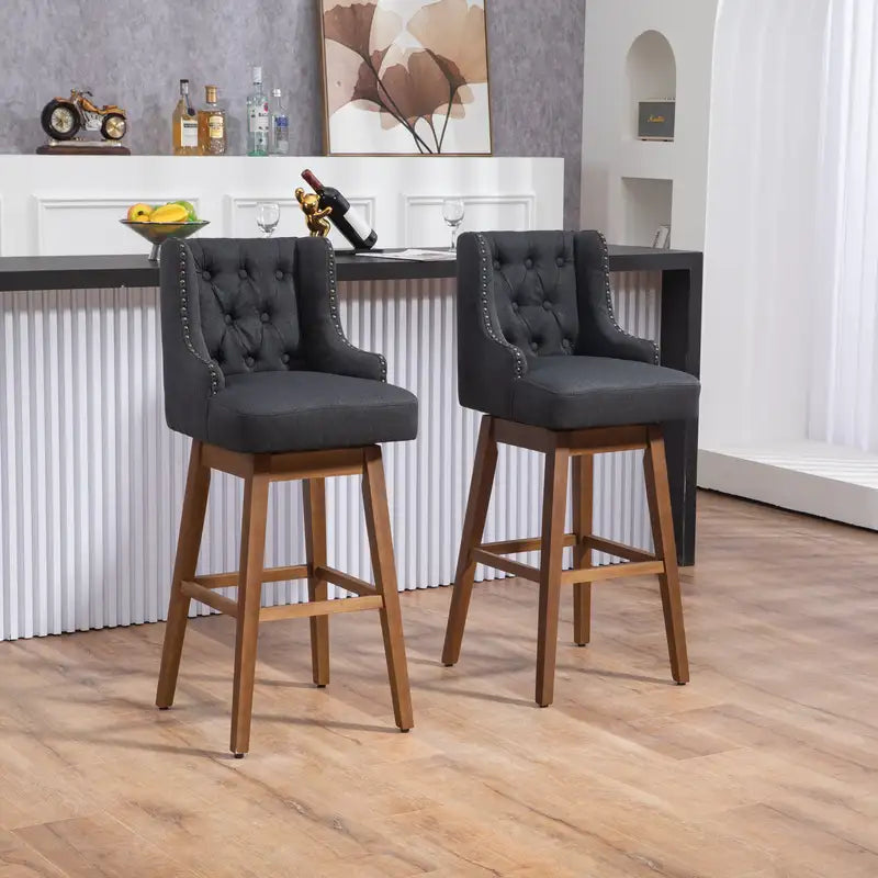 COOLMORE Bar Stools Set of 2 - Swivel Counter Height Chairs with Footrest (Black Linen)