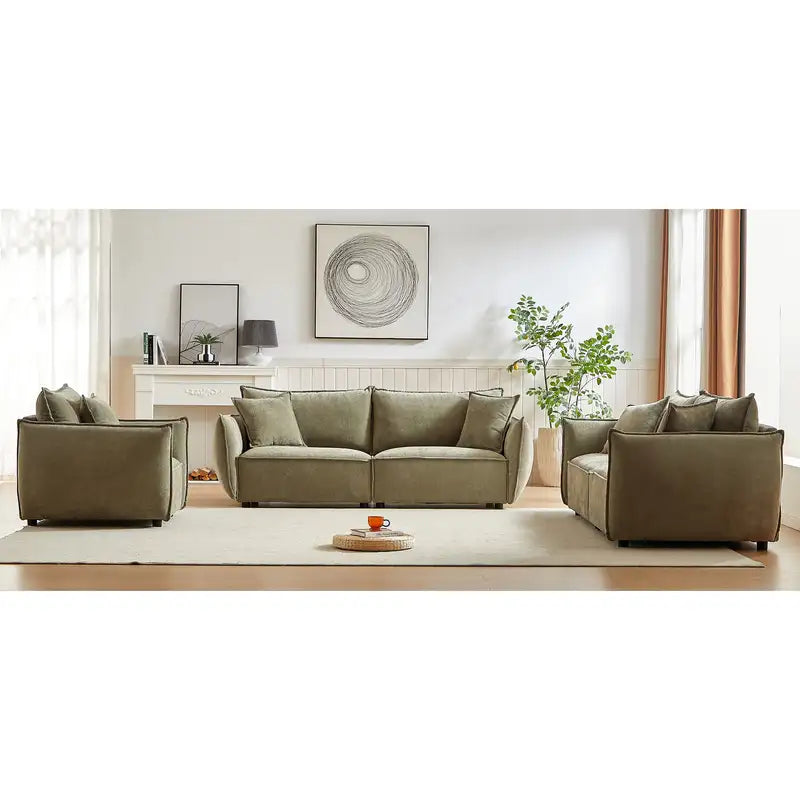 Modern Linen Sofa Set: 3-Seat, 2-Seat & Loveseat, Wooden Frame, 5 Pillows