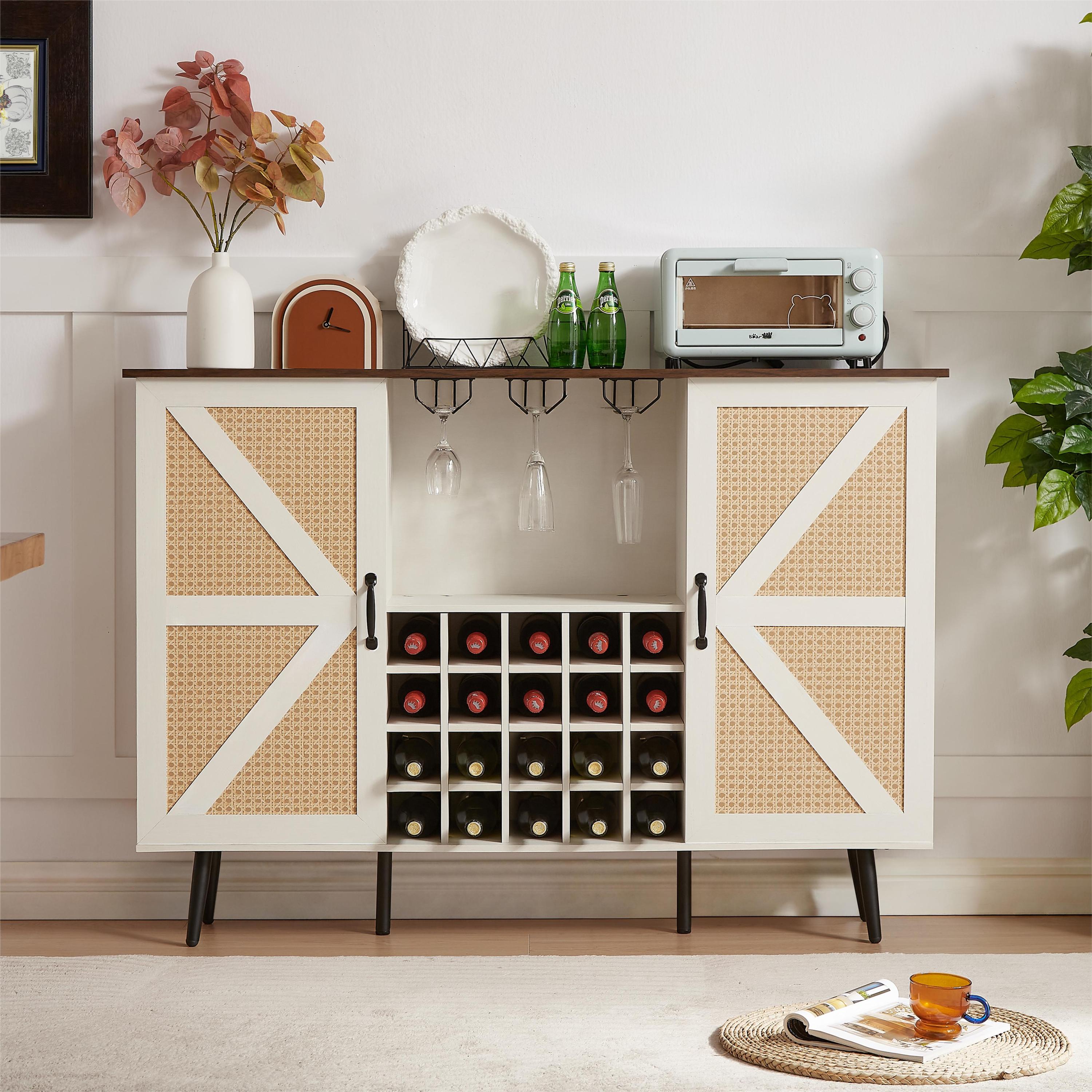 White Faux Rattan Barn Door Wine Cabinet - Rustic Double Door Storage with Wine & Glass Rack