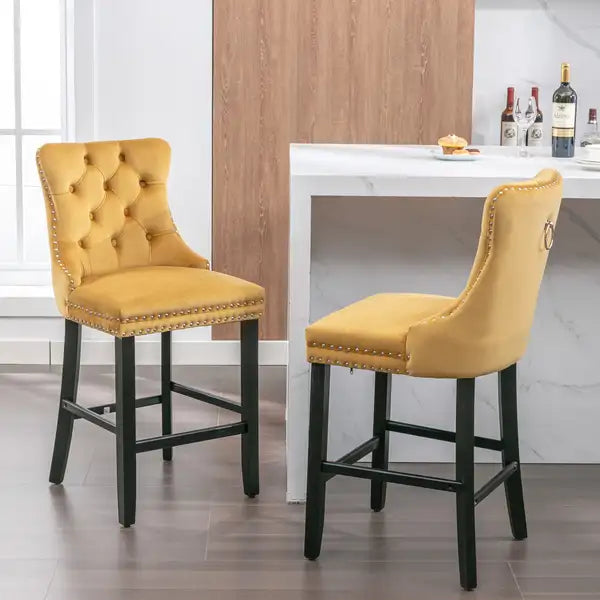 Set of 2 Golden Velvet Barstools with Button Tufted & Nailhead Trim - Leisure Style