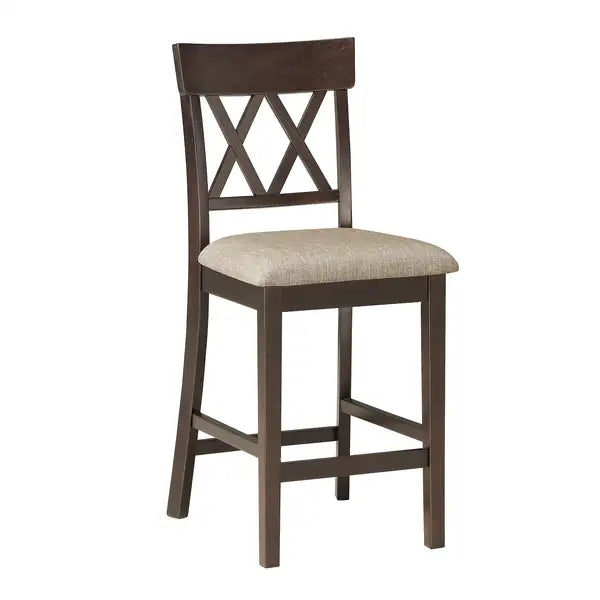 Dark Brown Counter Height Dining Chairs Set of 2, X-Back Design, Padded Lenin Fabric Seat