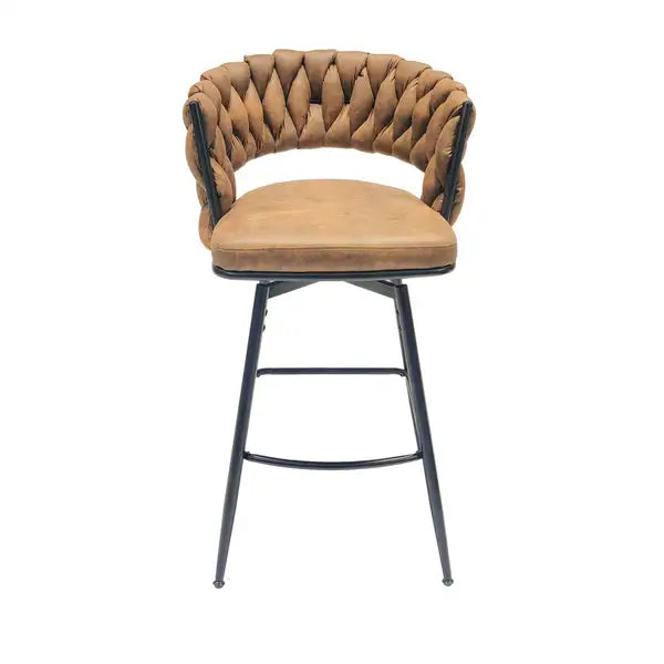 Brown Leather Woven Bar Stools Set of 4, Swivel Counter Stools with Backrest & Footrest, Black Legs - Minihomy