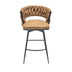 Brown Leather Woven Bar Stools Set of 4, Swivel Counter Stools with Backrest & Footrest, Black Legs - Minihomy