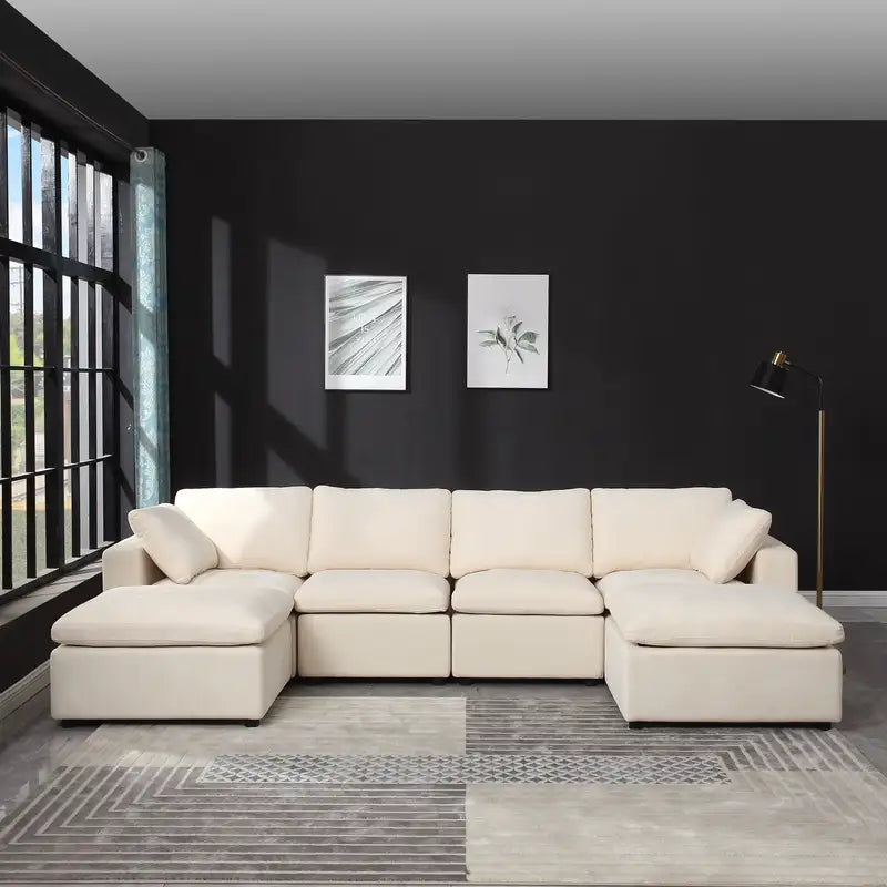 Beige Chenille U-Shaped Modular Sectional Sofa (6 Seats, Reversible Chaise)