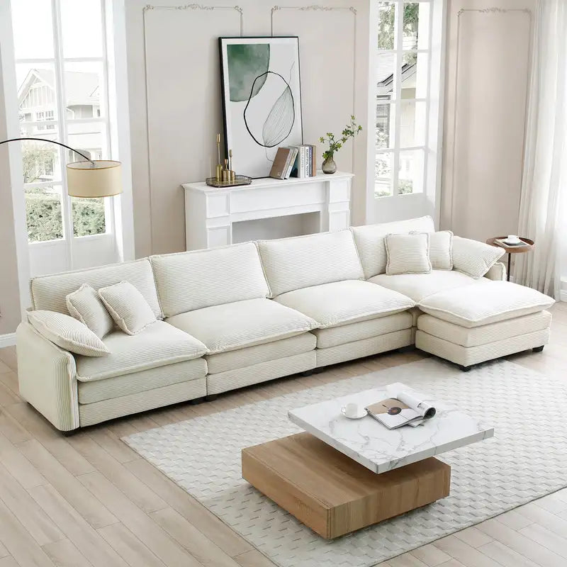 Modern 4-Seater Corduroy Sofa with Footstool & Pillows